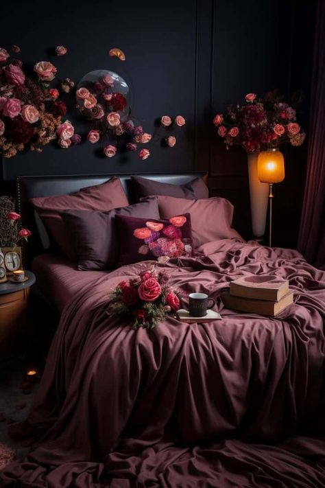 If you're looking to create a dark, feminine retreat in your bedroom, you're in the right place. A dark, feminine aesthetic can be both elegant and cozy, Decor Bedroom, Decor Ideas, Pillows, Bedroom, Bed, Purple, Flowers, Pink, Home Decor