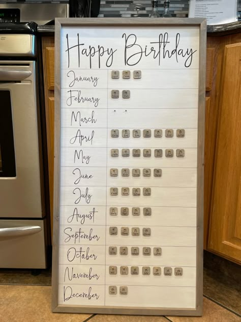 We needed a larger board that was easy to read and add to at grandpa & grandmas. This large board (36” x 18”) also has pins on each name plate signifying each generation. Each month can hold up to 16 names. Work Birthday Calendar, Birthday Chart Ideas For High School, Birthday Chart For Home, Birthday Board Ideas For Adults, Staff Birthdays Board, Diy Family Birthday Calendar, Birthday Chart Ideas Creative, Diy Birthday Calendar Ideas, Family Celebrations Board Diy