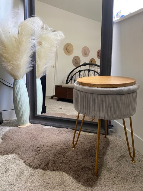 Stool Decor, Faux Pampas, Stool Table, Mirror Stool, Decor Mirror, Corner Office, Redecorate Bedroom, Vanity Stool, Bedroom Decorating