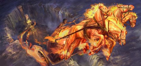 Phaethon and the Sun Chariot, Vanessa Leung on ArtStation at https://www.artstation.com/artwork/8d2mm Sun Chariot, God Artwork, Spin Out, Sun God, Brand Concept, Fantasy Monster, Out Of Control, Monster Design, Greek Gods