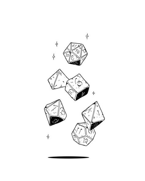 Dragon And Dice Tattoo, Minimalist Dnd Tattoo, Small D20 Tattoo, Dice Set Tattoo, D D Dice Art, Dungeon And Dragons Tattoo Ideas, Dnd Doodle Art, D20 Dice Drawing, Polyhedral Dice Tattoo