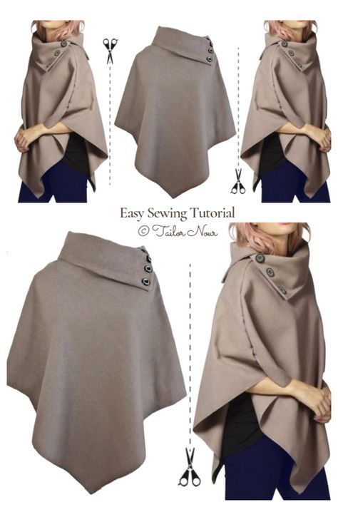 Easy Winter Poncho Free Sewing Pattern + Video | Fabric Art DIY Ladies Jacket Pattern Sewing, Skye Wrap Pattern Free, Jackets Made From Shawls, Wrap Jacket Pattern Sewing, Easy Shrug Sewing Pattern, Sewing Ponchos And Wraps, Diy Shawl Wrap Sewing, Wool Cape Coat Pattern, How To Make A Poncho From Fabric