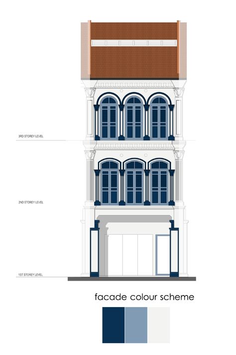 89TP_facade colour scheme #Conservation#ShopHouse#Office#Facade#ElevationDrawings Singapore Shophouse, Colonial Facade, Office Facade, History Of Malaysia, Tropical Colonial, Shop Facade, Modern Colonial, Architecture Design Sketch, Traditional Architecture