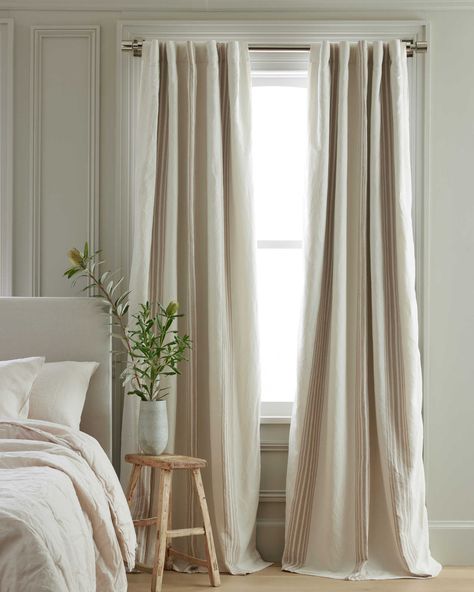 Coastal Stripe Linen/Cotton Blackout Curtain Linen Curtains Living Room Modern, Cute Blackout Curtains, Bedroom Curtains Aesthetic, Black Out Curtains Bedroom Ideas, Beach House Window Treatments, Drapery Bedroom, Curtains In Bedroom, Mauve Nursery, Bedroom Curtains Master