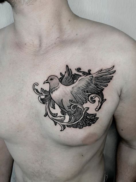 Pigeon black and white tattoo in graphic style on a men’s chest Pigeon Tattoo, Left Arm Tattoo, Black And White Tattoo, Arm Tattoo Ideas, Graphic Tattoo, Elbow Tattoo, Bird Brain, Elbow Tattoos, Tattoo Board