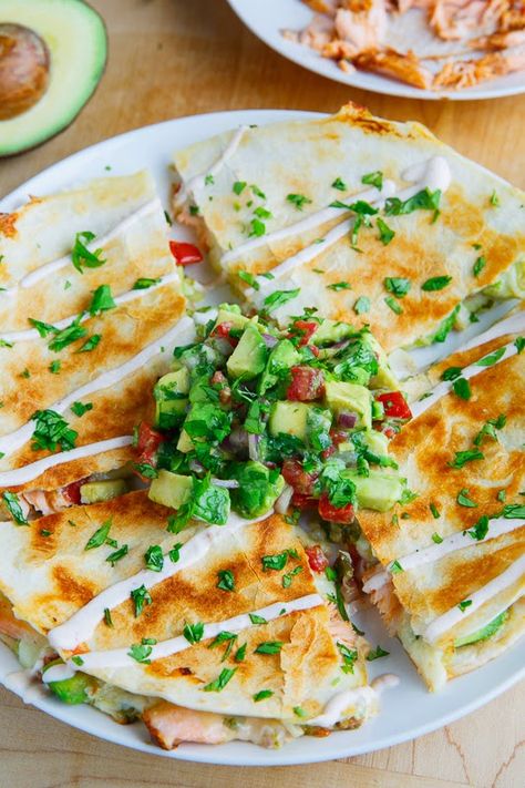 Chipotle Lime Salmon and Avocado Salsa Quesadillas Salmon Quesadilla, Chipotle Lime Salmon, Salmon And Avocado, Lime Salmon, Nice Recipes, Salmon Avocado, Salmon And Rice, Quesadilla Recipes, Avocado Salsa