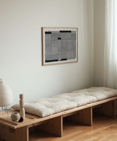 Manipulating Fabric, Minimalistic Pattern, Abstract Collage, Versatile Furniture, Wooden Bench, Minimalist Living, Minimalist Interior, Wooden Decor, 인테리어 디자인