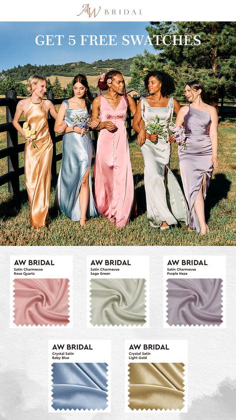 Mix and match your pastel bridesmaid dresses for a whimsical wedding look! 💐 Explore more colors for your wedding on AW Bridal. Get your 5 free color swatches. Summer Wedding Color Palette Bridesmaid Dress, Spring Bridesmaid Slip Dress With Tie Back, Mismatched Bridesmaid Dresses Spring Pastel Colors, Neutral Bridesmaid Dresses Colorful Flowers, Tan Bridesmaid Dresses Colorful Flowers, Neutral Bridesmaid Dresses Bright Flowers, Bridesmaid Palette, Bridesmaid Dresses Color Palette, Mix Match Bridesmaids