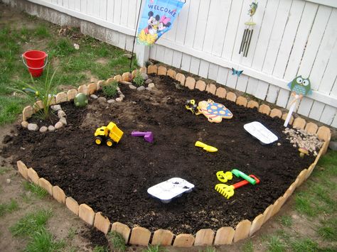 Jack's new garden/dirt play area..he absolutly loves it! Dirt Play Area, Dirt Backyard, Toddler Outdoor Play Area, Toddler Outdoor Play, Cat Playground Outdoor, Kids Yard, Toddler Outdoor, Play Garden, Outdoor Play Areas