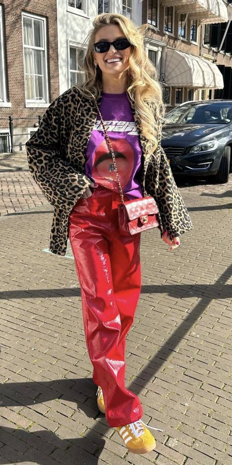 Leopard Print Fall Outfit, Purple And Leopard Outfit, Leopard And Red Outfit, Busy Outfits, Red And Leopard Outfit, Pink And Leopard Outfit, Purple And Red Outfit, Red And Purple Outfit, Red Leather Pants Outfit