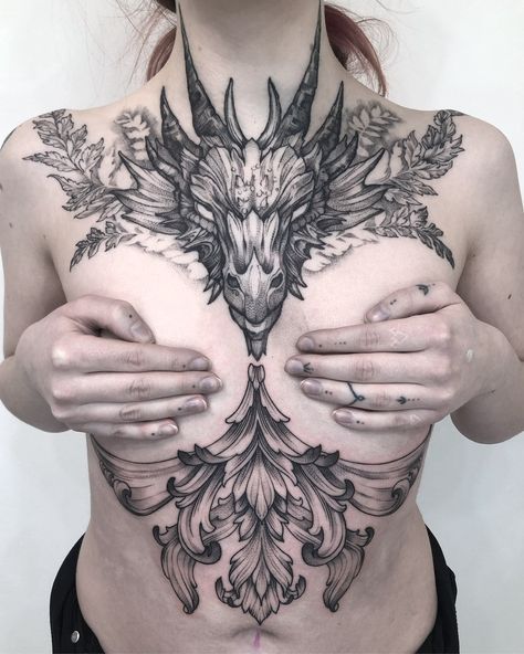 Tattoo artist Natalia Perrote | Praha, Czech Republic | iNKPPL Chest And Neck Tattoo Female, Dragon Chest Tattoo Female, Chest Flash Tattoo, Dragon Chest Tattoo, Tattoo Soul, Chest Piece Tattoo, Silly Tattoos, Chest Tattoo Designs Female, Chest Neck Tattoo