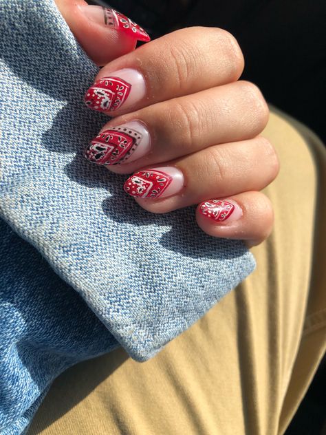 Handkerchief Nails, Maroon Western Nails, Navratri Nails Idea, Navratri Nail Art, Red Nails With Design Ideas, Red Western Nails, Navratri Nails, Bandana Nail Art, Picasso Nails