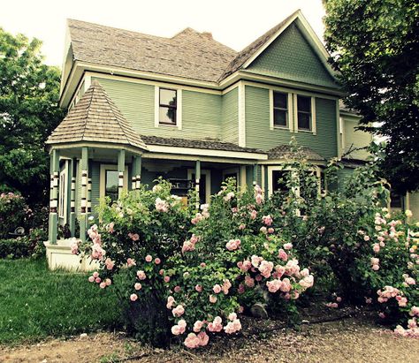 :)The outside of the house in which to put all my shabby chic decorating... Green Victorian House, Green House Exterior, New Farmhouse, Old Farm Houses, Old Farmhouse, Green House, Shabby Chic Homes, Chic Home Decor, Cozy Cottage