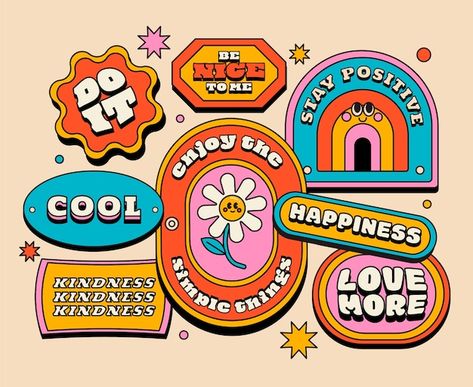 Hippie Lettering, Hippy Designs, 70s Stickers, 70s Graphic Design, 60s Logo, Retro Design Graphic, Hippie Logo, Stickers Images, Stickers Illustration