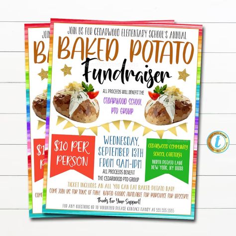 EDITABLE Loaded Baked Potato Fundraiser Flyer, School Pto Pta, Church Community Chairty Benefit Event, Adoption Dinner, DIY TEMPLATE - Etsy Fundraiser Dinner Ideas, Unique Fundraising Ideas, Baked Potato Dinner, Community Fundraiser, Baked Potato Bar, Church Fundraisers, Church Community, School Pto, Potato Bar