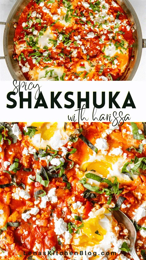 Spicy Shakshuka with Harissa is an easy, yet impressive meal you can serve to the whole family. It features a spicy and aromatic tomato sauce and eggs that are poached right in the sauce. Scoop it up with fresh bread and enjoy! Spicy Shakshuka, Capsicum Recipes, Harissa Recipes, Shakshuka Recipes, Middle Eastern Food, Paleo Breakfast, Fresh Bread, Middle Eastern Recipes, Poached Eggs