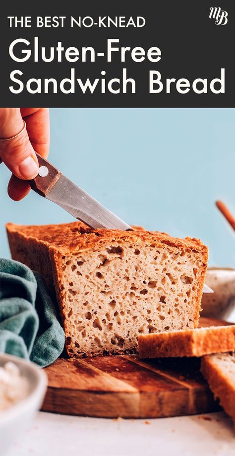 Today we're bringing you the BEST Easy Vegan and Gluten-Free Bread recipe you'll ever try! It's CRUSTY on the outside, SOFT on the inside, soooo versatile, and the kicker: NO KNEADING required! We weren't lying when we said it's truly the best! Gluten Free Sandwich Bread Recipe, Gluten Free Sandwich Bread, Sandwich Bread Recipe, Best Gluten Free Bread, Gluten Free Sandwiches, Gf Food, Gluten Free Recipes Bread, Minimalist Baker, Vegan Bread