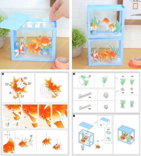 Goldfish Papercraft, Paper Pop Up, Mini Paper House, Miniature Paper Crafts, Easy Diorama, Fish Craft Ideas, Paper Aquarium, Ryukin Goldfish, Paper Miniatures