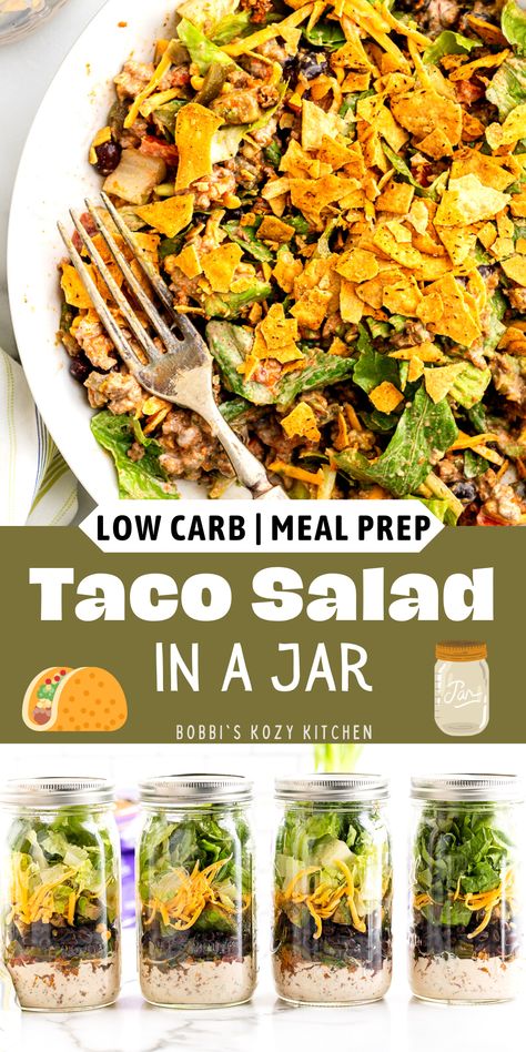 Mason Jar Salads Low Carb, Mason Jar Taco Salad, Jar Lunch Ideas, On The Go Meal Prep, Taco Salad In A Jar, Jar Meal Prep, Thm Salads, Low Carb Taco Salad, Mason Jar Meal Prep