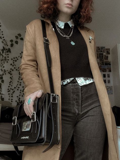 #darkacademia #drmartens #docmartensstyle #academia #lightacademia Dark Academia Nonbinary Fashion, Dark Academia Semi Formal Outfit, Dark Academia Corporate Outfit, Modern Dark Academia Outfit, Fem Dark Academia, Dark Academia Feminine Outfit, Feral Academia Outfit, Artsy Academia Outfits, History Teacher Aesthetic Outfits