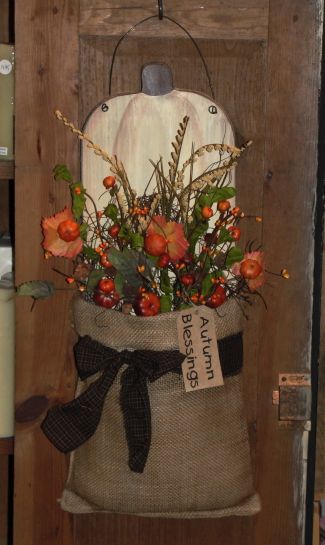 Primitive White Pumpkin Wall Board with Prim Fall Florals Homespun and Grungy Tag Fall Autumn Decor, Painting Pumpkins, Pumpkin Wall, Fall Accents, Fall White, Board Painting, Primitive Fall, Fall Florals, Fall Deco