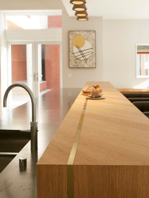 Kitchen countertop with wood counters and brass inlay Wood Benchtop, Walnut Worktop, Timber Benchtop, Metal Countertops, Wood Counters, Boston House, Gaggenau Appliances, Timber Kitchen, Wood Worktop