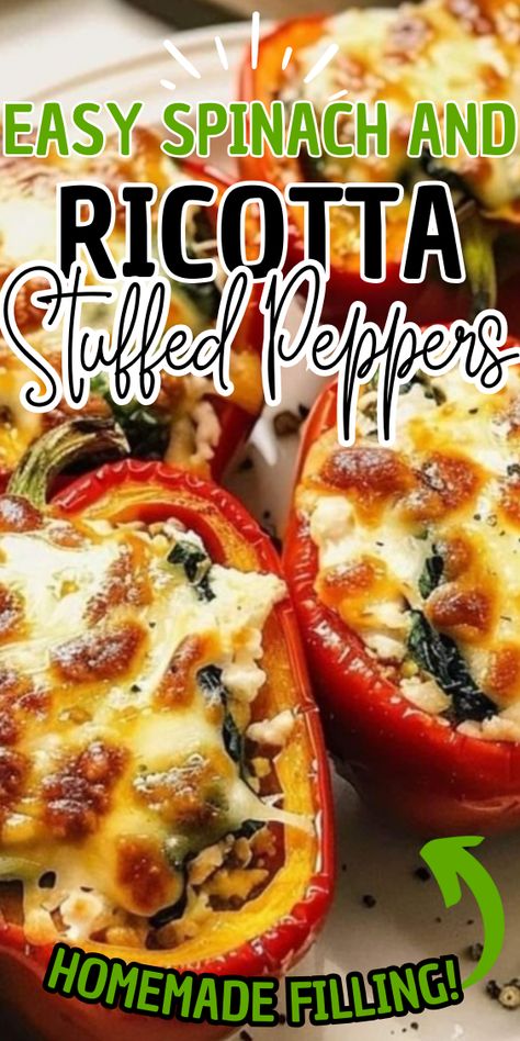 Spinach and Ricotta Stuffed Peppers Spinach Ricotta Stuffed Peppers, Ricotta Stuffed Peppers, Spinach And Ricotta, Comfort Casseroles, Spinach Ricotta, Cheese Stuffed Peppers, Healthy Weeknight Dinners, Meatless Dinner, Sausage And Peppers