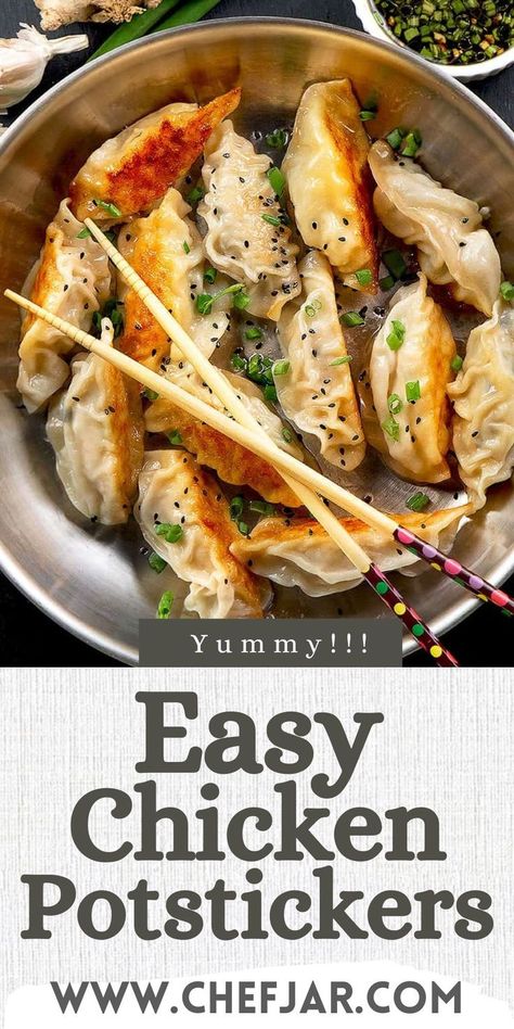 Easy Chicken Potstickers are perfect for snacking or as an appetizer! Potsticker Wrapper Recipe, Chicken Pot Stickers Recipe Easy, Potstickers Recipe Chicken, How To Cook Pot Stickers, Beef Potstickers Recipe, Fried Chicken Dumplings, Chicken Potstickers Recipe, Chicken Pot Stickers Recipe, Homemade Pot Stickers