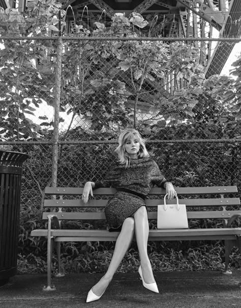 Bench Photoshoot, Bench Poses, Bench Photography, Chair Poses, Park Shoot, Haley Bennett, Sitting Poses, Person Sitting, Va Va Voom