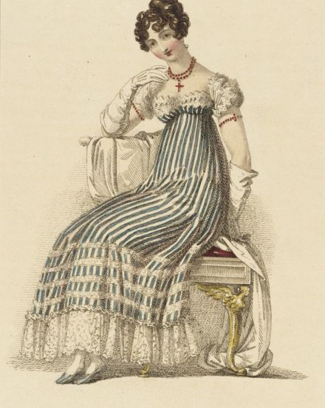 Fashion Plate (Evening Dress) | LACMA Collections 1816 Regency Evening Dress, 1810s Fashion, Regency Fashion Plates, Regency Dresses, Regency Clothing, Regency Gown, Regency Era Fashion, 1800s Fashion, Regency Dress