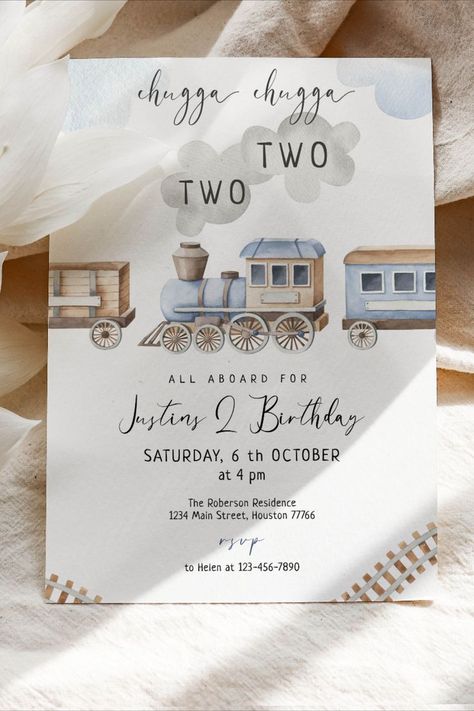 Chugga Chugga Two Two Birthday, Train 2nd Birthday, Train Birthday Theme, Train Birthday Invitation, Chugga Chugga Two Two, Train Theme Birthday Party, Second Birthday Boys, Rabbit Watercolor, Rabbit Sitting