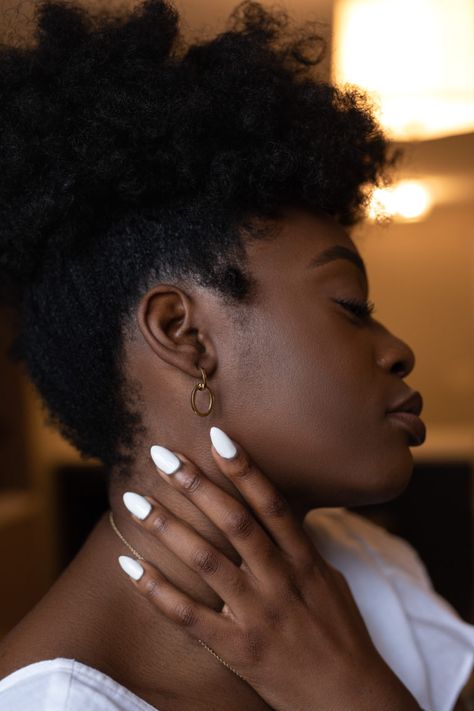 White Manicure | Yours Truly Yinka Poses To Show Off Nails, Frost Nails, Oval Manicure, All Things Black, Nail Goals, Long Lasting Nail Polish, Long Lasting Nails, Coily Hair, 4c Hairstyles