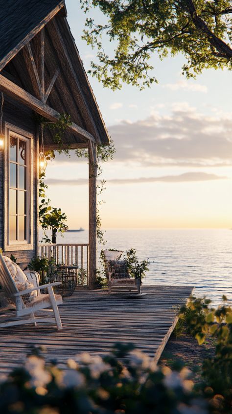 Title: Cozy coastal cabin with a view of the sea from the deck Coastal Cabin, Cottages By The Sea, Cottage By The Sea, Seaside Getaway, Rustic Cabin, Sims House, Coastal Living, Beautiful Places, Cottage