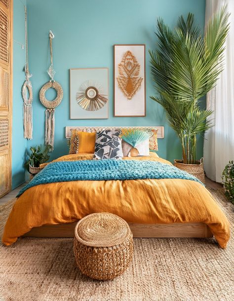 Integrate Natural Elements With Vivid Colors Colorful Beach Bedroom, Light Blue And Yellow Bedroom, Teal Boho Bedroom, Green And Yellow Bedroom, Blue And Orange Bedroom, Aqua Bedrooms, Teal Bedroom Ideas, Bohemian Bedroom Ideas, Bedroom Color Ideas