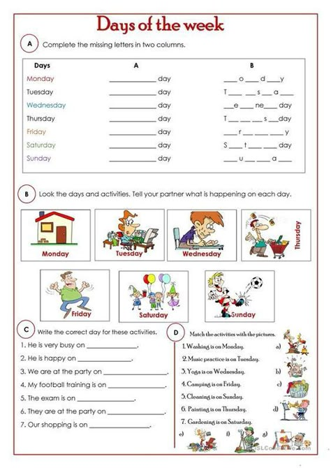 This is a useful worksheet to practice the days of the week with your ESL students. Esl Worksheets For Beginners, Present Continuous, Grammar For Kids, English For Beginners, Learning English For Kids, English Grammar Worksheets, English Worksheets For Kids, Vocabulary Practice, English Language Teaching