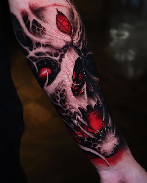 Black And Gray With Color Tattoo, Color Realism Tattoo, Black Horror, Gray Tattoo, Manga Tattoo, Wicked Tattoos, Flash Tattoo Designs, Red Tattoos, Red Skull