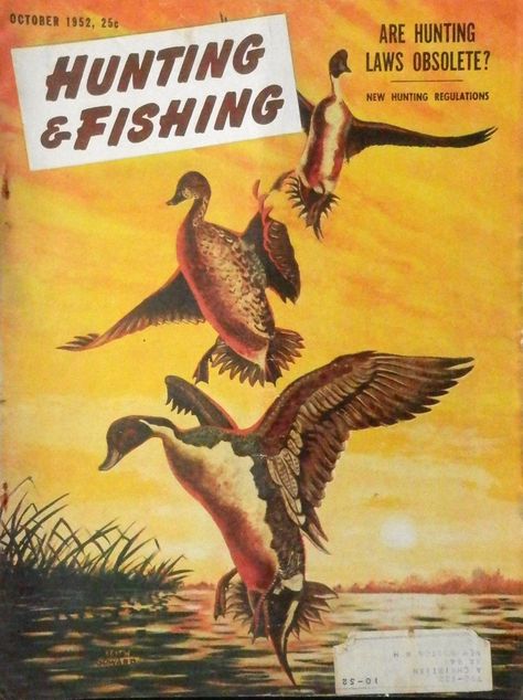 Hunting and Fishing Magazine October 1952 with waterfowl illustration of Pintail Ducks on the cover. Vintage Duck Hunting, Waterfowl Art, Fishing Magazine, Outdoor Magazine, Decoy Carving, Hunting Art, Vintage Hunting, Vintage Duck, History Project