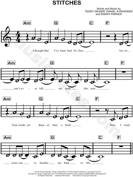 Stitches sheet music by Shawn Mendes. Sheet music arranged for Piano/Vocal/Chords in A Minor. Shawn Mendes Stitches, Clarinet Songs, Keyboard Noten, Oboe Music, Piano Music With Letters, Piano Sheet Music Beginners, Sheet Music For Beginners, Music For Beginners, Piano Songs Sheet Music