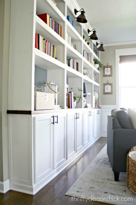 Ikea Custom Built Ins - The Crazy Craft Lady Built Ins With Kitchen Cabinets, Diy Built In Cabinets, Unfinished Kitchen Cabinets, Used Kitchen Cabinets, Office Built Ins, Living Room Built Ins, Thrifty Decor Chick, Stock Cabinets, Ikea Hackers