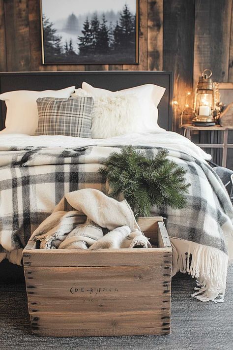 50+ Cozy Winter Bedroom Decor Ideas That’ll Make Every Day Feel Like A Snow Day Winter Cabin Bedroom Aesthetic, Ski Lodge Bedroom Ideas, Plaid Cabin Decor, Ski Lodge Bedroom Decor, Cozy Mountain Bedroom, Ski Bedroom Ideas, Winter Cabin Bedroom, Plaid Bedroom Ideas, Ski Chalet Bedroom