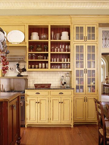 like the cabinet style - not the color - but the different depths, plate rail, glass doors, no doors Yellow Kitchen Cabinets, Kitchen Cabinets Painted, Distressed Cabinets, Yellow Cabinets, Cabinets Painted, Yellow Kitchen, Kitchen Tops, Trendy Kitchen, Kitchen Redo