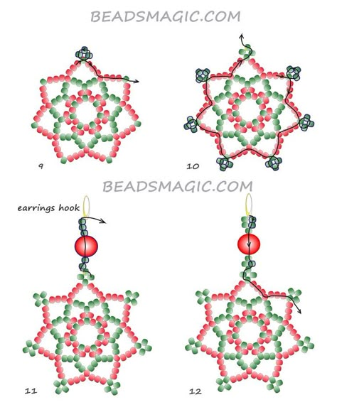 Simple beading pattern for Christmas Earrings | Beads Magic Seed Bead Christmas Decorations, Beaded Christmas Earrings Patterns, Beaded Xmas Ornaments, Beaded Christmas Earrings Diy, Holiday Beading Free Pattern, Christmas Beaded Earrings, Beaded Christmas Earrings, Christmas Earings, Easy Beading Patterns