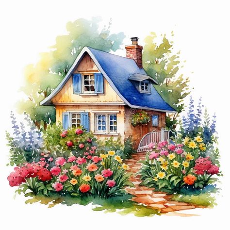 Cottage in the Countryside with Flowers in the Garden. Watercolor Cute House Illustration on White Background Stock Illustration - Illustration of cute, spring: 286517433 House With Flowers Drawing, Cute House Illustration, Summer Cottage Painting, Watercolor Cottages Simple, Flower Fairy House Drawing, Watercolor Cottage Garden, Cottage Forest, Cottage Illustration, Intro To Art