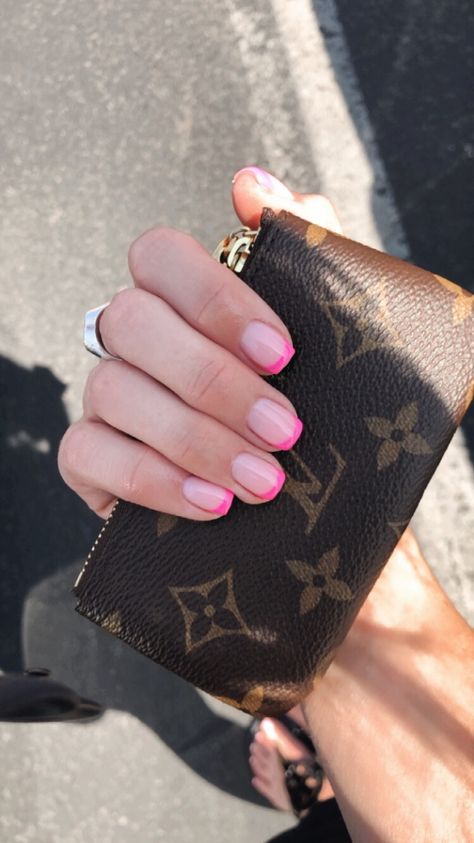 Short Square Pink French Tip, Short Nails With Pink Tips, Pink French Tip Gel Nails Short, Pink French Tip Nails Natural Nail, Pink Tip Acrylics, Hot Pink French Tip Short Nails, Natural Pink French Tip Nails, Square Hot Pink French Tip Nails, French With Pink Tips