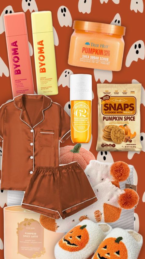 🎃pumpkin, fall, skincare , basket, cookies , socks , Pajamas, candle , byoma cleanser and toner, sol de janerio , Slippers, Tree hut scrub🍂 Skincare Basket, Tree Hut Scrub, Fall Skincare, Tree Hut, Pumpkin Fall, Cleanser And Toner, Pumpkin Spice Latte, Better Skin, Autumn Inspiration