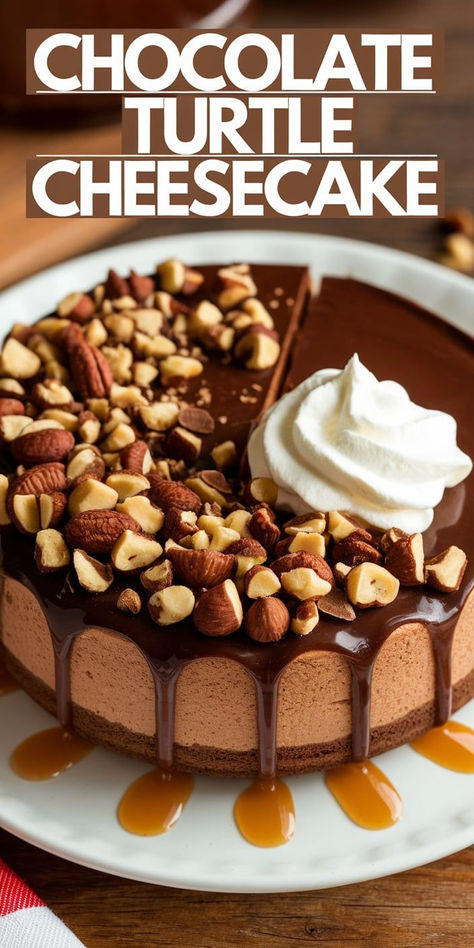 Dreaming of something sweet? Chocolate Turtle Cheesecake is here! Rich chocolate, caramel swirls, and pecans make this a dessert you’ll remember! Easy Turtle Cheesecake Recipes No Bake, Chocolate Caramel Turtle Cake Roll, Chocolate Turtle Cheesecake Recipe, Chocolate Turtle Cheesecake, Turtle Dessert, Chocolate Swirl Cheesecake, Turtle Cheesecake Recipes, Chocolate Turtle, Turtle Cheesecake