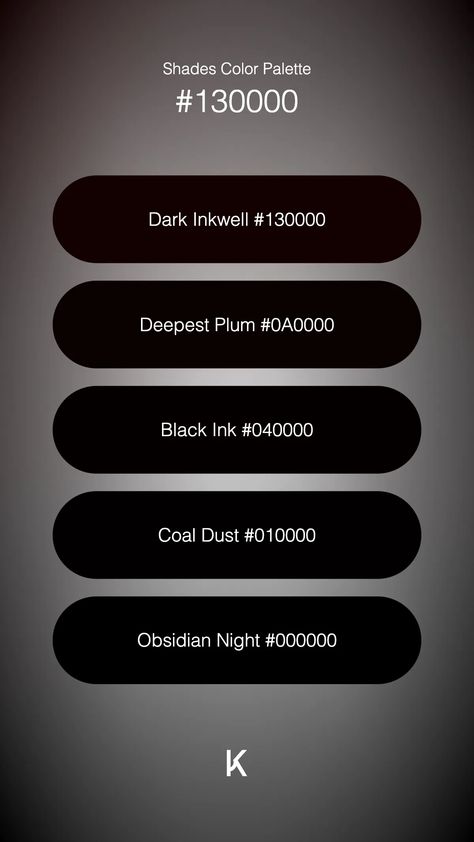 Shades Color Palette Dark Inkwell #130000 · Deepest Plum #0A0000 · Black Ink #040000 · Coal Dust #010000 · Obsidian Night #000000 Color Palette Dark, Gk Ada, Colour Pallets, Hex Color Palette, Deep Plum, Hex Colors, The Night Sky, Color Pallets, Color Theory