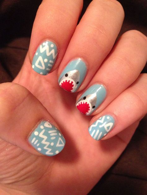 Shark Themed Acrylic Nails, Shark Nails Designs, Shark Nail Ideas, Cute Shark Nails, Shark Nails Art, Shark Themed Nails, Shark Inspired Nails, Animal Nail Ideas, Ocean Nails Short