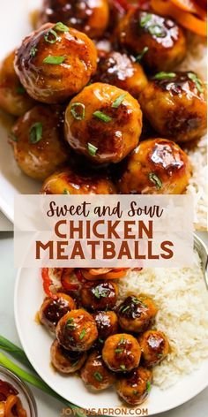 Chicken Meatballs with Sweet and Sour Sauce - easy and yummy Asian main dish recipe coated with homemade sauce. A delicious family meal. Makes great meal prep and is freezer friendly. #chicken #meatballs #Asian #dinner #homemade #meal #maindish #recipe #joyousapron Costco Teriyaki Chicken Meatballs Recipes, Sweet And Sour Chicken Meatballs, Chicken Meatball Meals, Chicken Meatballs Asian, Chicken Minced Meat Recipes, Sweet And Sour Sauce Easy, Meatballs Asian, Peppers And Rice, Joyous Apron