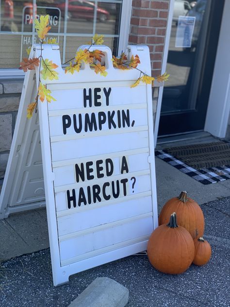 Hair Salon Sign Quotes, Walk Ins Available Today Salon, Halloween Hair Salon Decor, Fall Hair Promotions, Fall Decor Ideas For Hair Salon, Salon Signage Ideas, Walk Ins Welcome Sign Salon, Hair Salon Fall Decor, Halloween Hair Salon Quotes